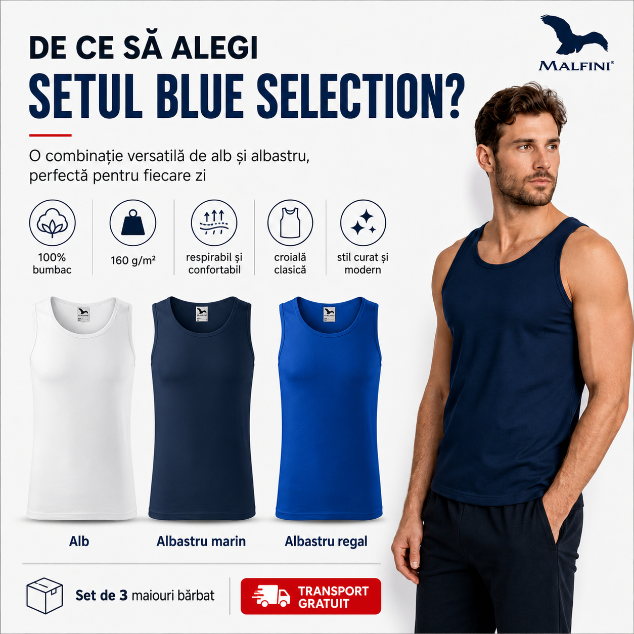 Set 3 maiouri bărbat Blue Selection alb albastru marin albastru regal 100% bumbac maieu sport tricou fără m&acirc;neci